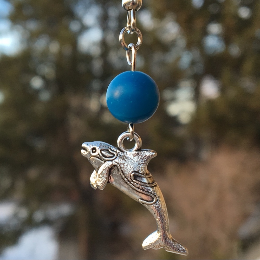 Blue Stripe Agate Whale Earrings - Picture 7 of 8